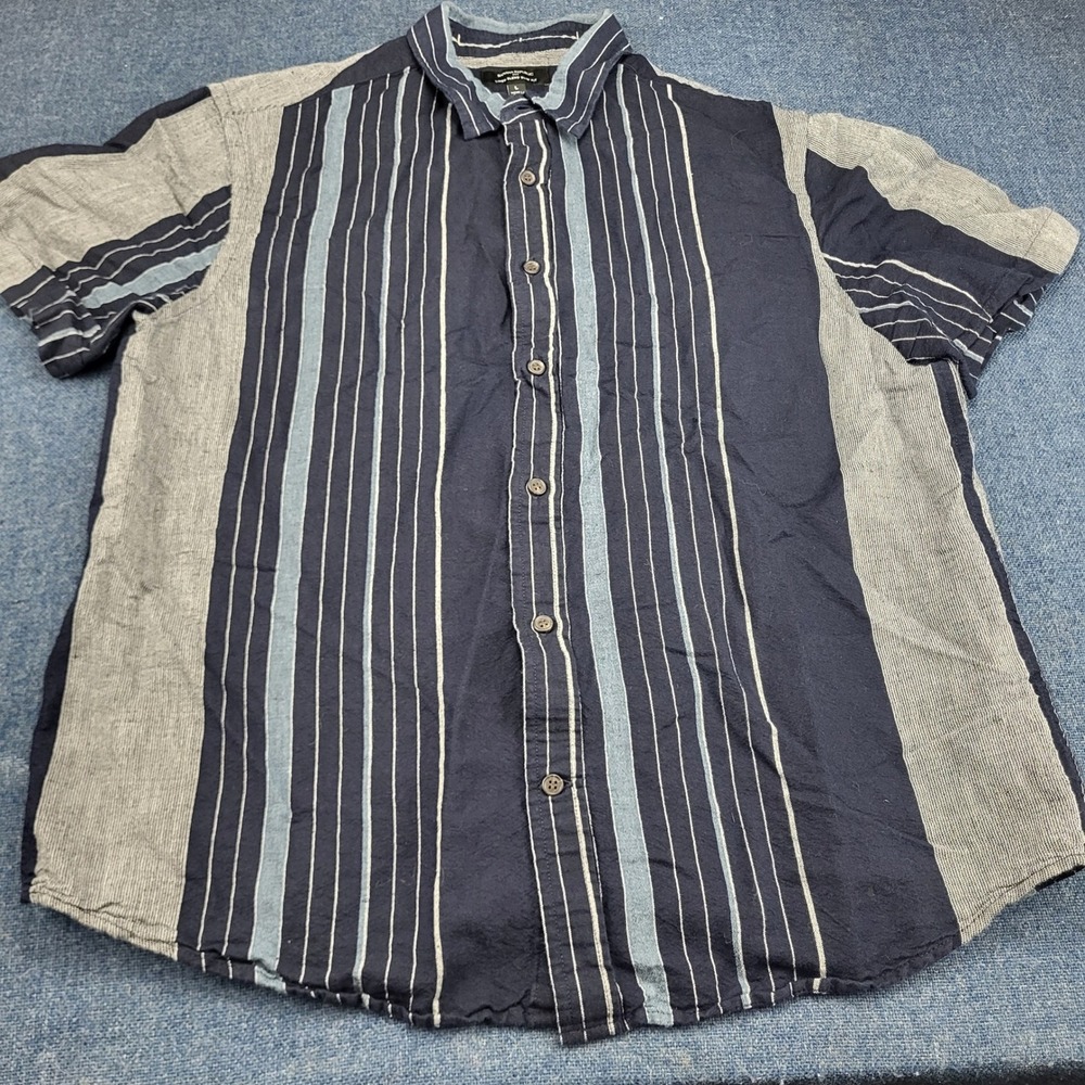 Banana Republic Mens Large Linen Blend Slim Fit Striped Short Sleeve Shirt Navy
